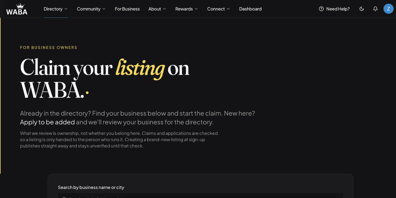 Claim your listing search screen