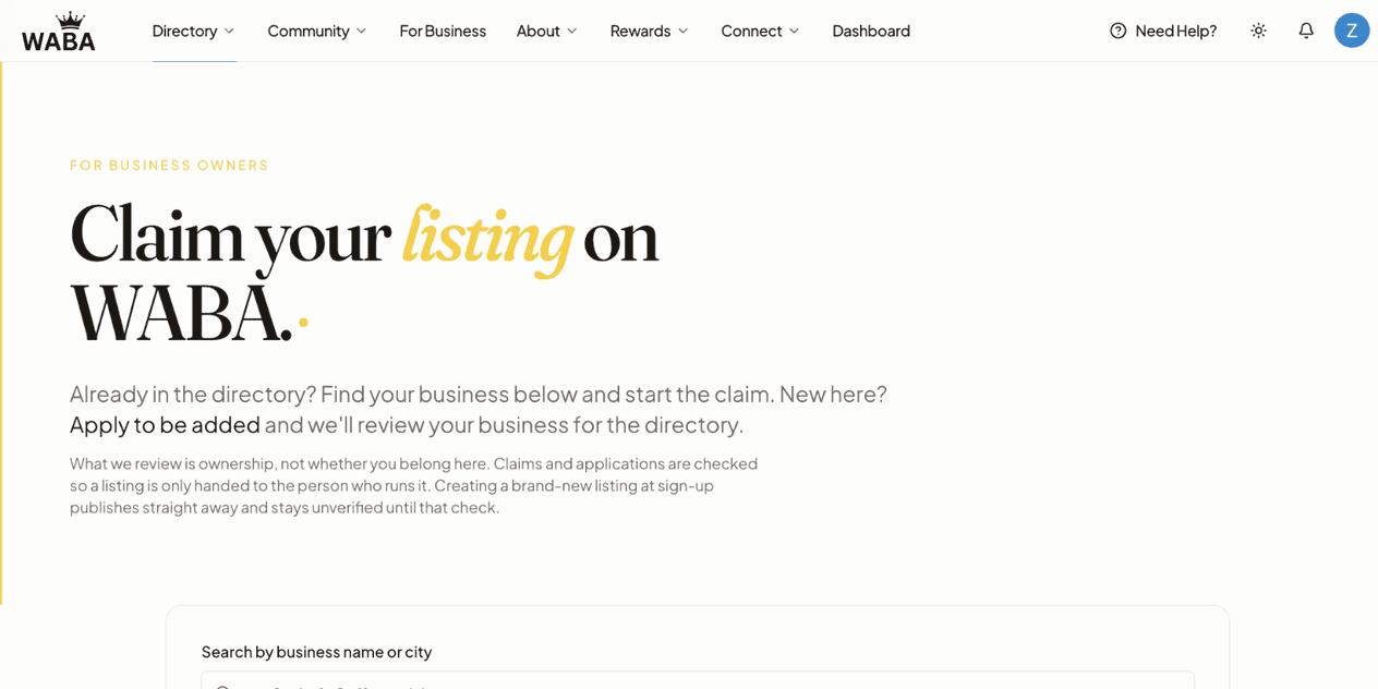 Claim your listing search screen
