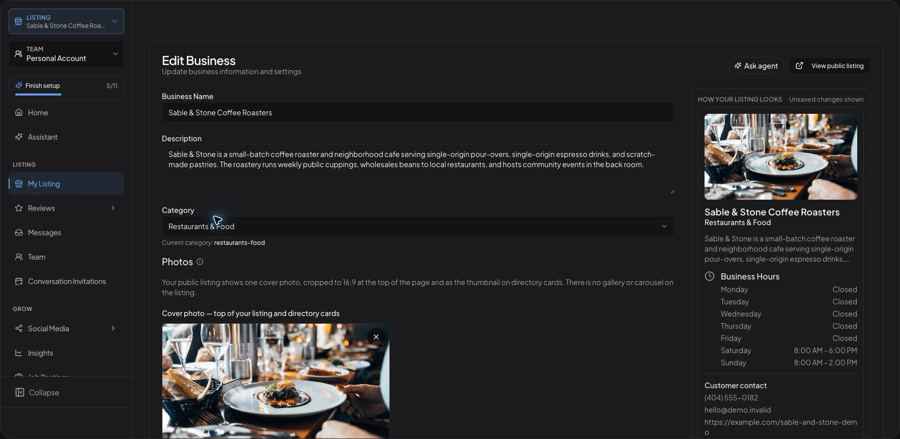 My Listing editor in the owner dashboard