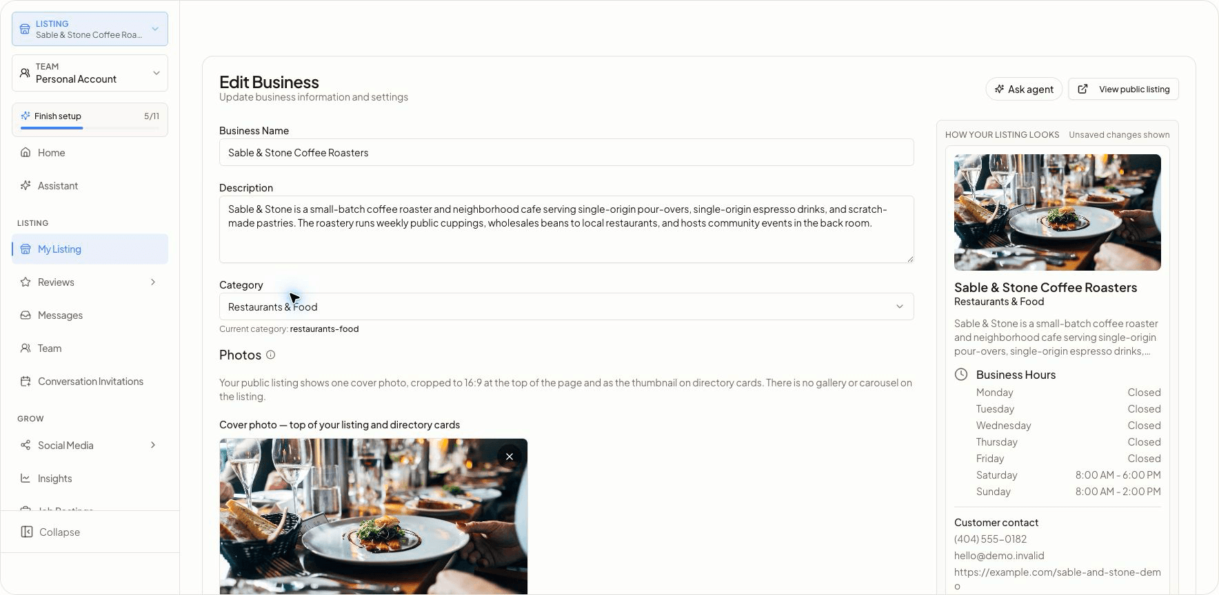 My Listing editor in the owner dashboard