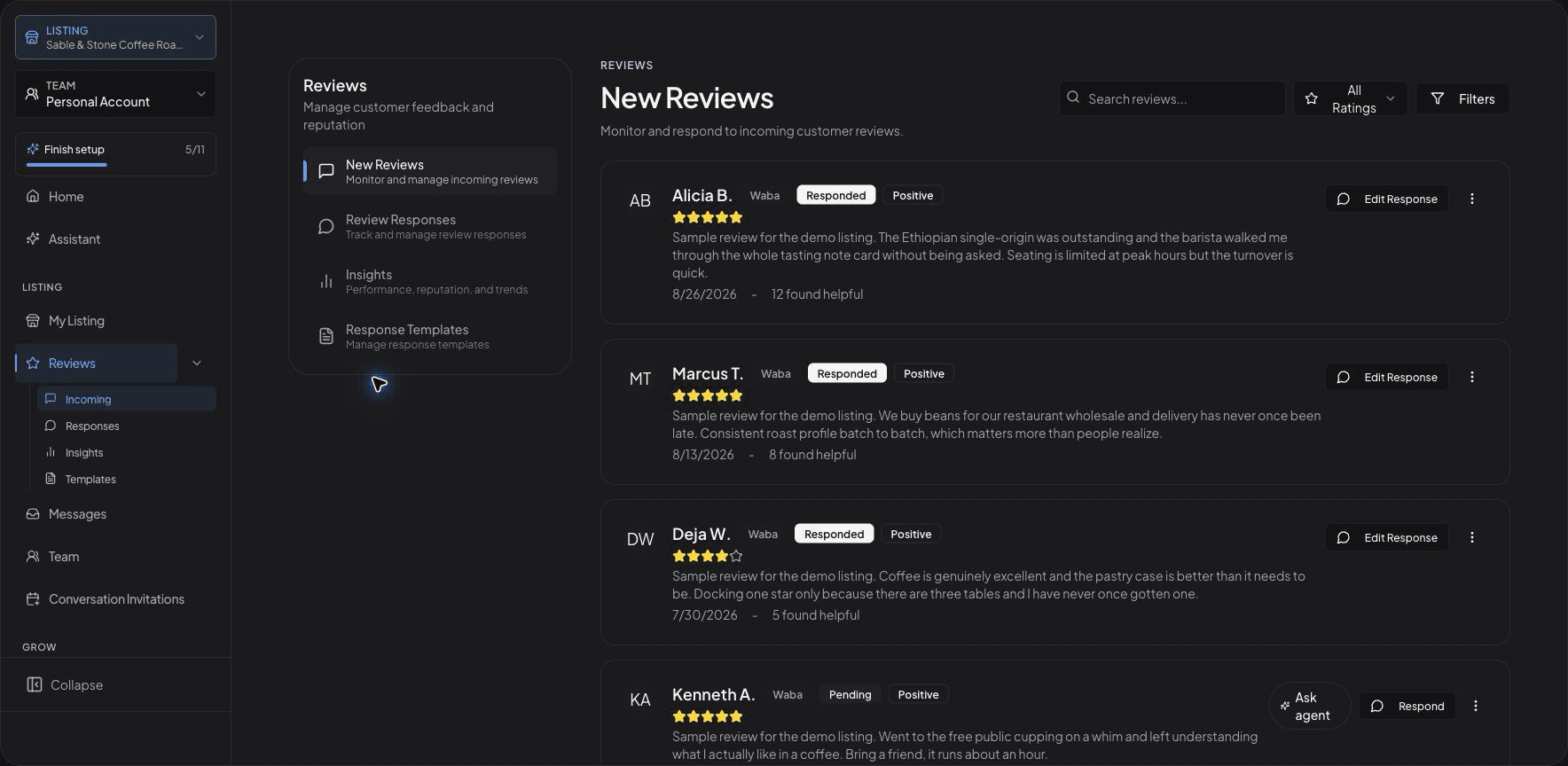 Reviews section in the owner dashboard