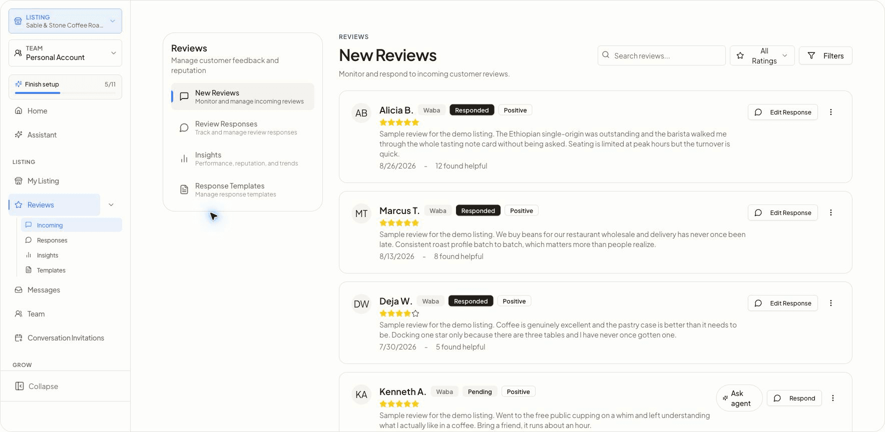 Reviews section in the owner dashboard